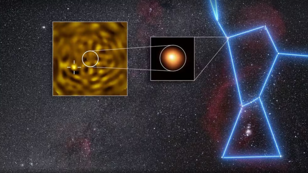 Betelgeuse, ao centro da imagem, e sua possível companheira, marcada pela cruz, à esquerda. — Foto: ESO/M. Montargès et al./N. Risinger